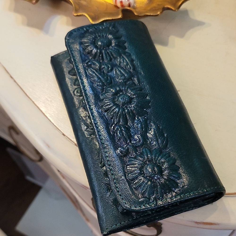 Floral Embossed Leather Wallet - Teal